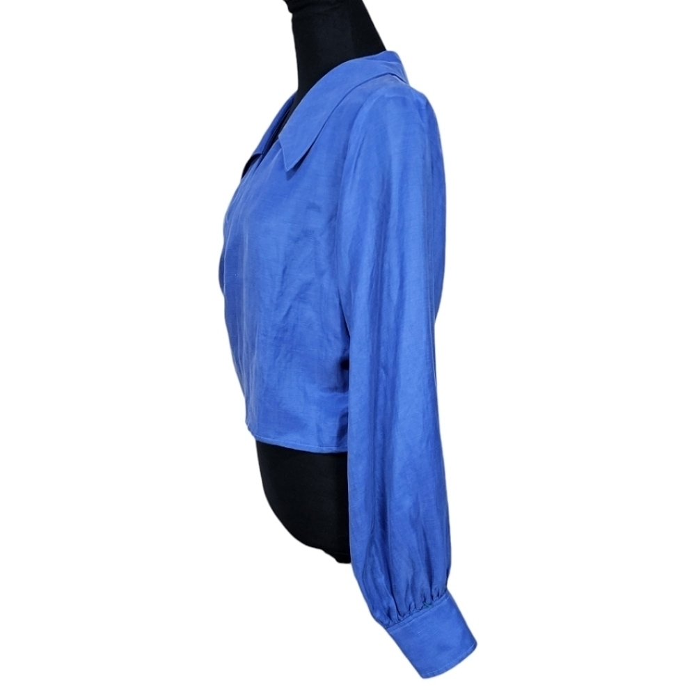 R.G. Kane Linen Blend V-Neck Wrap Front Blouse Balloon Sleeve Blue Size Large - Picture 6 of 13